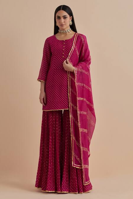 Buy_Ikshita Choudhary_Magenta Chanderi Printed Dot Round Straight Kurta With Gharara