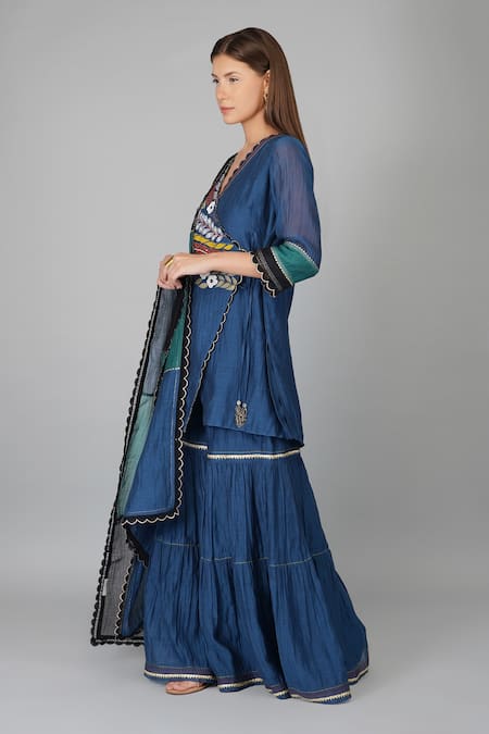 Devyani Mehrotra_Blue Chanderi 40gm Embroidered Applique V Neck Woke Angarkha Gharara Set_Online_at_Aza_Fashions
