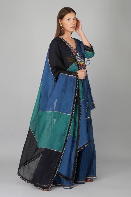 Buy_Devyani Mehrotra_Blue Chanderi 40gm Embroidered Applique V Neck Woke Angarkha Gharara Set_Online_at_Aza_Fashions
