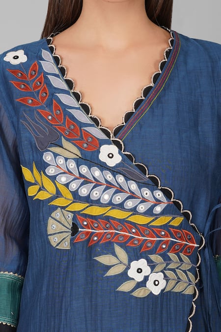 Devyani Mehrotra_Blue Chanderi 40gm Embroidered Applique V Neck Woke Angarkha Gharara Set_at_Aza_Fashions