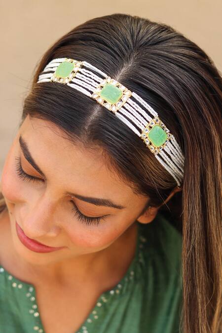 Shop Hair Drama CO Gold Polkis Floral Enamelled And Embellished Hair Band Shop_Hair Drama CO_Gold Polkis Floral Enamelled And Embellished Hair Band