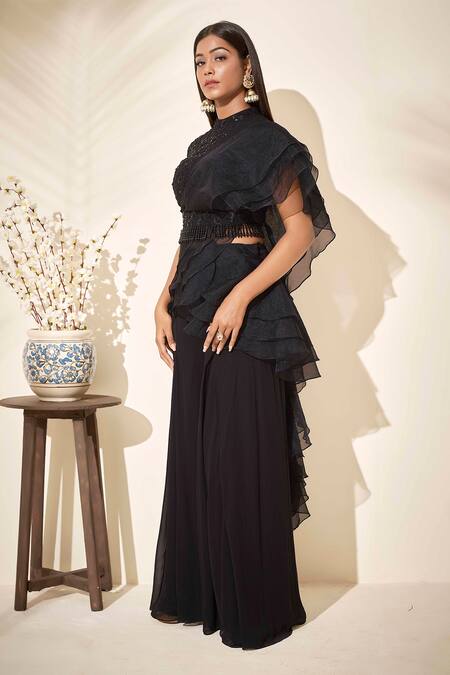 Buy_Suruchi Parakh_Black Georgette And Soft Organza Lining Shantoon Sequin, Crop Top & Pant Set_Online_at_Aza_Fashions