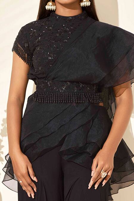 Suruchi Parakh_Black Georgette And Soft Organza Lining Shantoon Sequin, Crop Top & Pant Set_at_Aza_Fashions