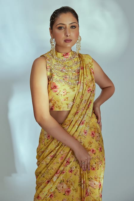 Suruchi Parakh Yellow Crepe Floral Pattern High Neck Pre-pleated Print Saree With Blouse Online at Aza Fashions Suruchi Parakh_Yellow Crepe Floral Pattern High Neck Pre-pleated Print Saree With Blouse _Online_at_Aza_Fashions