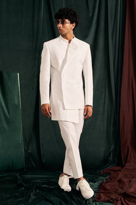 Project Bandi_White Gingham, Cotton Giza Solid Bandhgala And Pant Set _Online_at_Aza_Fashions