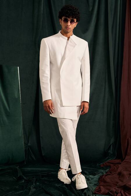 Buy_Project Bandi_White Gingham, Cotton Giza Solid Bandhgala And Pant Set _Online_at_Aza_Fashions