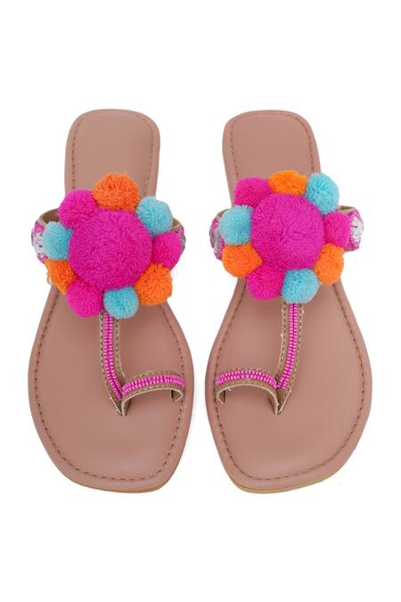 Shop_Sole House_Pink Embellishment Pom-pom Kolhapuri Flats _at_Aza_Fashions