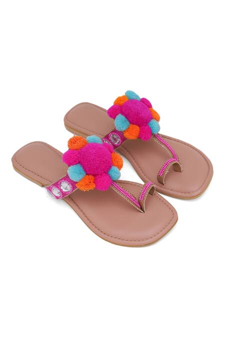 Sole House_Pink Embellishment Pom-pom Kolhapuri Flats _Online_at_Aza_Fashions