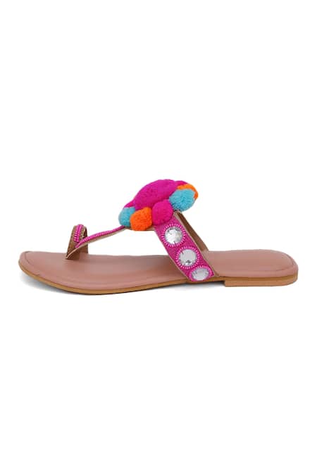 Buy_Sole House_Pink Embellishment Pom-pom Kolhapuri Flats _Online_at_Aza_Fashions