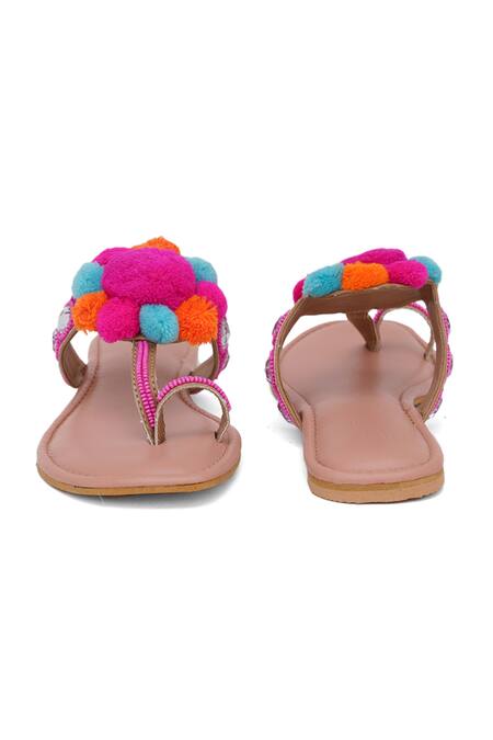 Shop_Sole House_Pink Embellishment Pom-pom Kolhapuri Flats _Online_at_Aza_Fashions