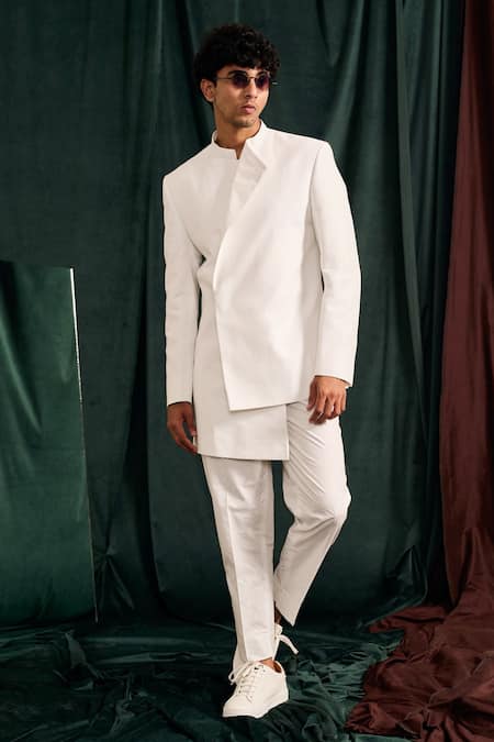 Shop_Project Bandi_White Gingham, Cotton Giza Solid Bandhgala And Pant Set _Online_at_Aza_Fashions