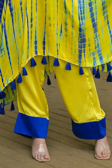 Shop Disha Kahai Yellow Cotton Satin Tassels, Embroidery Round Tie-dye Pattern Kaftan And Pant Set Online at Aza Fashions Shop_Disha Kahai_Yellow Cotton Satin Tassels, Embroidery Round Tie-dye Pattern Kaftan And Pant Set_Online_at_Aza_Fashions