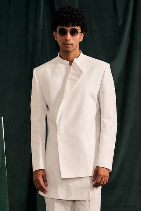 Project Bandi_White Gingham, Cotton Giza Solid Bandhgala And Pant Set _at_Aza_Fashions