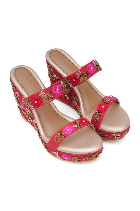Sole House_Red Embellishment Floral Wedges _Online_at_Aza_Fashions
