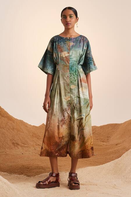 Cord_Blue Cotton Satin Underwater Boat Neck Printed Dress_at_Aza_Fashions