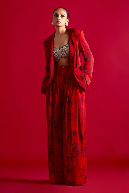 Bhumika Sharma Red Georgette Embroidery, Tassels V-neck, Blossom Print Jacket And Flared Pant Set Online at Aza Fashions Bhumika Sharma_Red Georgette Embroidery, Tassels V-neck, Blossom Print Jacket And Flared Pant Set _Online_at_Aza_Fashions