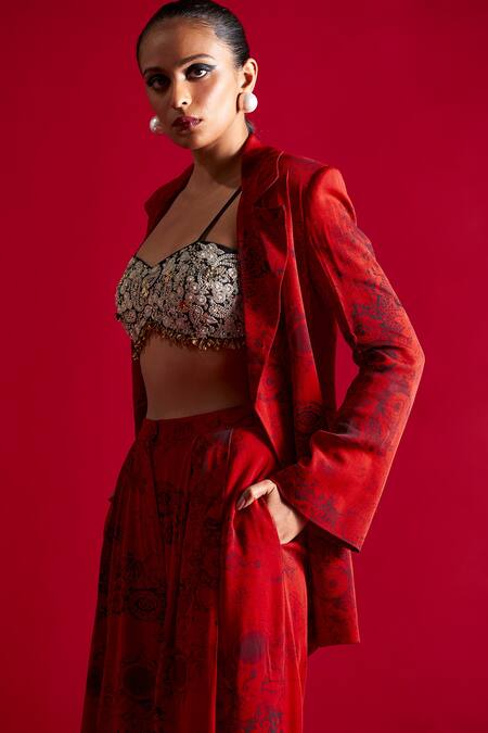 Buy Bhumika Sharma Red Georgette Embroidery, Tassels V-neck, Blossom Print Jacket And Flared Pant Set Online at Aza Fashions Buy_Bhumika Sharma_Red Georgette Embroidery, Tassels V-neck, Blossom Print Jacket And Flared Pant Set _Online_at_Aza_Fashions