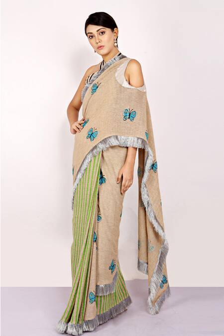 Buy Anita Kanwal Beige Handloom Jute Butterfly, Stripes Printed Saree Online at Aza Fashions Buy_Anita Kanwal_Beige Handloom Jute Butterfly, Stripes Printed Saree _Online_at_Aza_Fashions