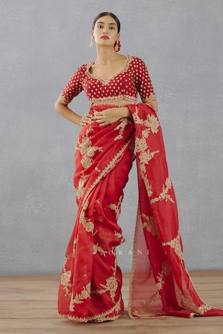 Shop_Torani_Red Silk Organza Dori, Adda Sindoori Davya Saree _Online_at_Aza_Fashions