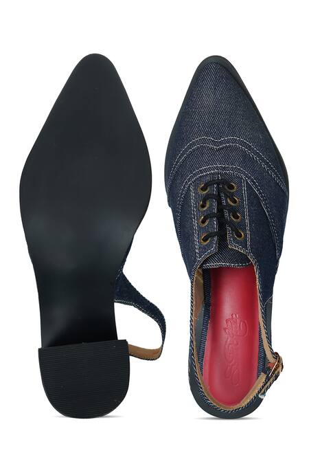 Sole House_Blue Embroidery Stitchline Pointed Toe Block Heels _at_Aza_Fashions