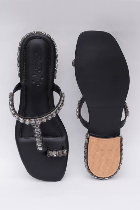 Sole House_Black Embellished Stone Kolhapuri Heels_Online_at_Aza_Fashions