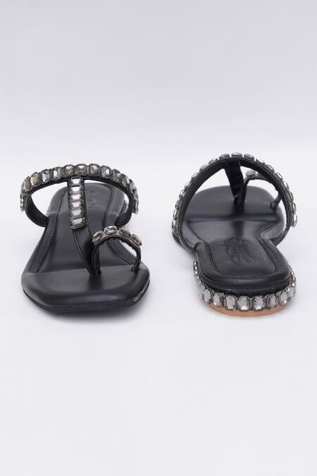 Buy_Sole House_Black Embellished Stone Kolhapuri Heels_Online_at_Aza_Fashions