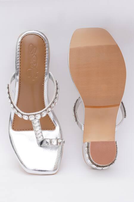 Sole House_Silver Stones Work Metallic Kolhapuri Block Heels _Online_at_Aza_Fashions