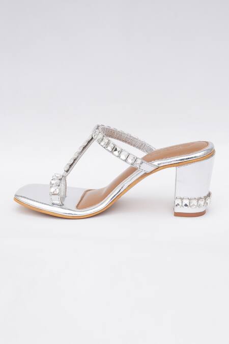 Shop_Sole House_Silver Stones Work Metallic Kolhapuri Block Heels _Online_at_Aza_Fashions