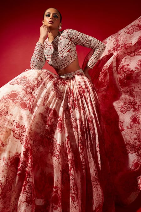Bhumika Sharma_Red Organza, Georgette Embroidery Round Neck Blossom Print Skirt And Blouse Set _Online_at_Aza_Fashions