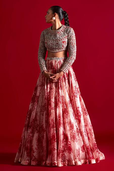 Shop_Bhumika Sharma_Red Organza, Georgette Embroidery Round Neck Blossom Print Skirt And Blouse Set _Online_at_Aza_Fashions