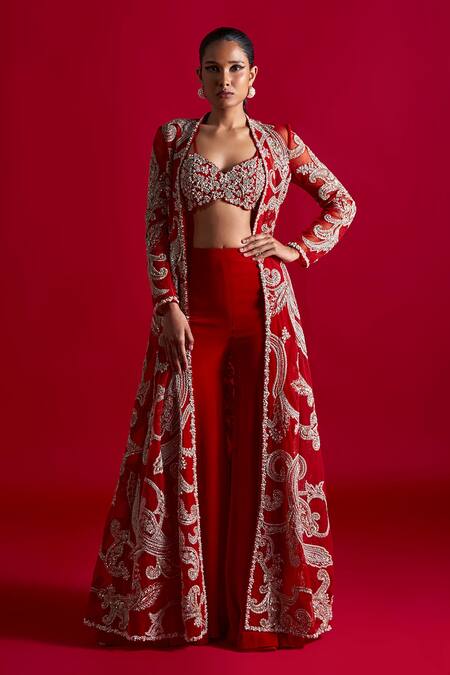Bhumika Sharma Red Net, Georgette Sequins, Beads, Embroidery Ambi Jaal Jacket And Sharara Set Online at Aza Fashions Bhumika Sharma_Red Net, Georgette Sequins, Beads, Embroidery Ambi Jaal Jacket And Sharara Set _Online_at_Aza_Fashions