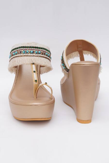 Sole House_Gold Beads, Fringe Embellished Wedges _Online_at_Aza_Fashions