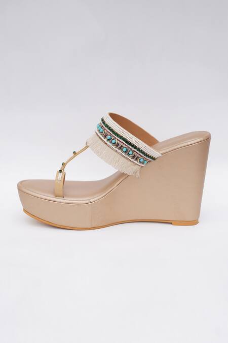 Shop_Sole House_Gold Beads, Fringe Embellished Wedges _Online_at_Aza_Fashions