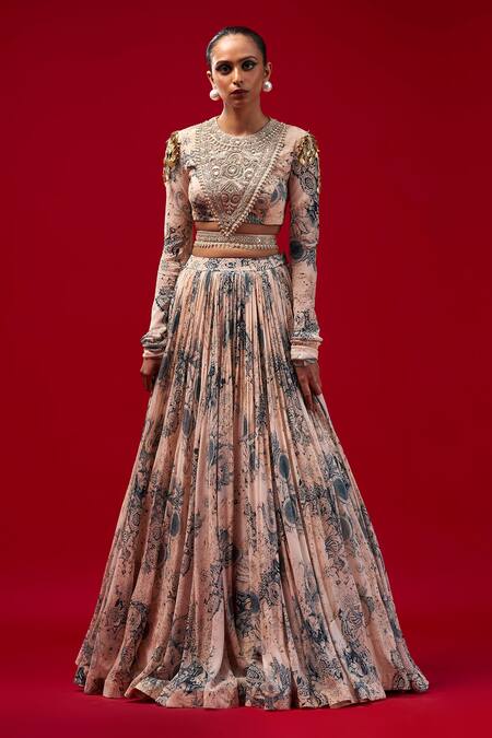 Bhumika Sharma Beige Georgette Tassels, Embroidery Round Blossom Print Lehenga And Blouse Set Online at Aza Fashions Bhumika Sharma_Beige Georgette Tassels, Embroidery Round Blossom Print Lehenga And Blouse Set _Online_at_Aza_Fashions