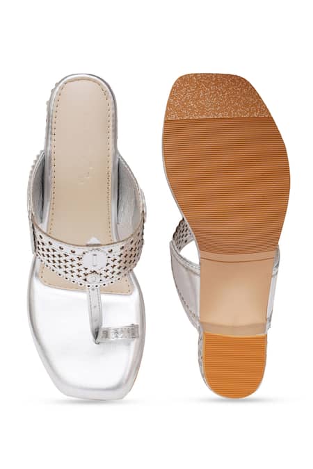 Shop_Sole House_Silver Cut Work, Embroidery Naazia Metallic Kolhapuri Block Heels _Online_at_Aza_Fashions