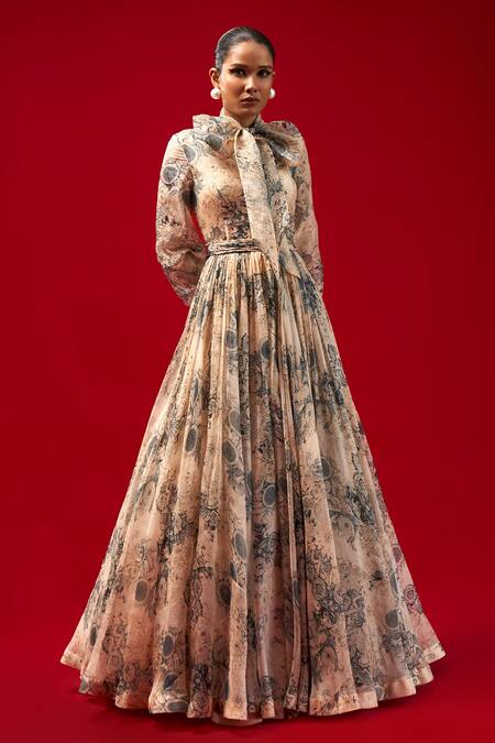 Bhumika Sharma Beige Organza Embroidery Bandeau Neck Blossom Print Bow Gown Online at Aza Fashions Bhumika Sharma_Beige Organza Embroidery Bandeau Neck Blossom Print Bow Gown _Online_at_Aza_Fashions