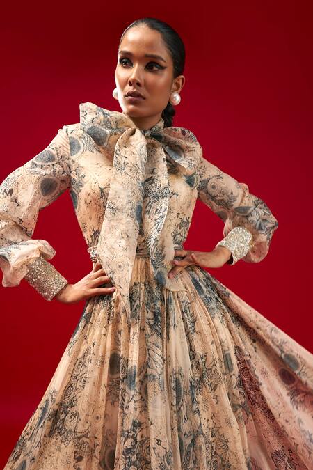 Buy Bhumika Sharma Beige Organza Embroidery Bandeau Neck Blossom Print Bow Gown Online at Aza Fashions Buy_Bhumika Sharma_Beige Organza Embroidery Bandeau Neck Blossom Print Bow Gown _Online_at_Aza_Fashions