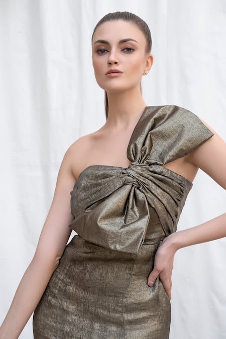 Shop Amrta By Guneet Kondal Gold Polyester, Viscose Asymmetric Bow Detail Midi Dress Online at Aza Fashions Shop_Amrta By Guneet Kondal_Gold Polyester, Viscose Asymmetric Bow Detail Midi Dress _Online_at_Aza_Fashions