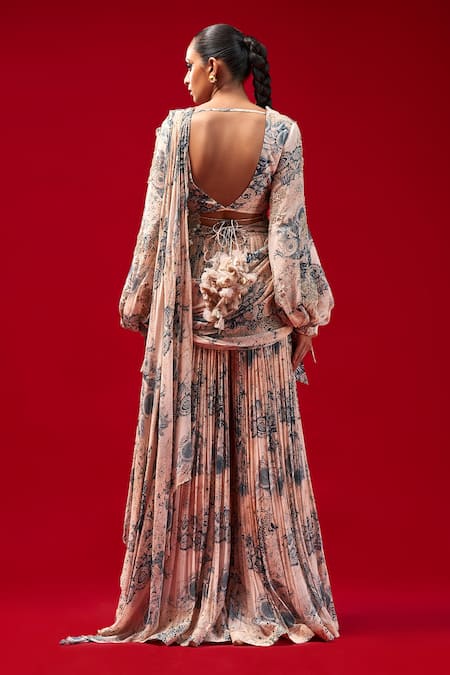 Buy Bhumika Sharma Beige Georgette Pearls, Tassels, Blossom Print Pre-draped Palazzo Saree Set Online at Aza Fashions Buy_Bhumika Sharma_Beige Georgette Pearls, Tassels, Blossom Print Pre-draped Palazzo Saree Set _Online_at_Aza_Fashions