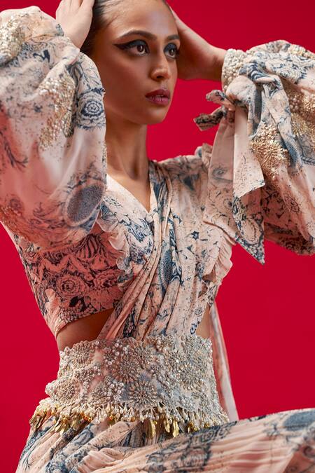 Shop Bhumika Sharma Beige Georgette Pearls, Tassels, Blossom Print Pre-draped Palazzo Saree Set Online at Aza Fashions Shop_Bhumika Sharma_Beige Georgette Pearls, Tassels, Blossom Print Pre-draped Palazzo Saree Set _Online_at_Aza_Fashions