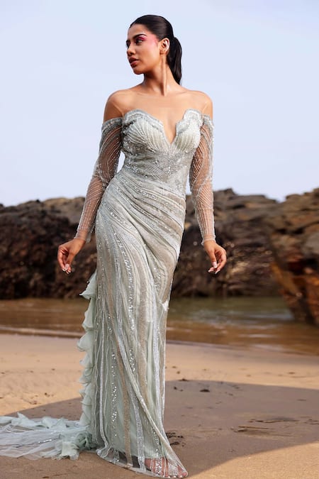 Bhawna Rao Green Silk, Tulle Sequins Boat Neck Embroidered Gown With Ruffle Trail Online at Aza Fashions Bhawna Rao_Green Silk, Tulle Sequins Boat Neck Embroidered Gown With Ruffle Trail _Online_at_Aza_Fashions