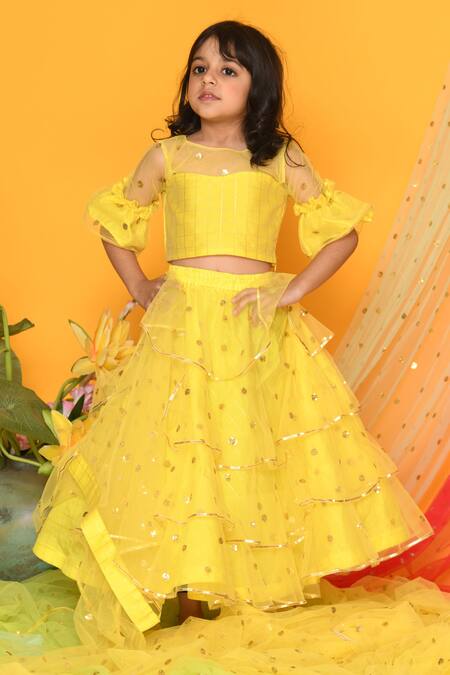 Buy_Saka Designs_Yellow Cotton, Jacquard, Silk, Net Sequins Embroidered Lehenga Set_Online_at_Aza_Fashions