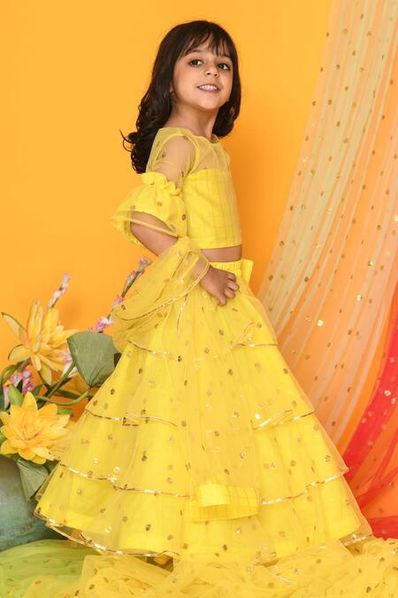 Saka Designs_Yellow Cotton, Jacquard, Silk, Net Sequins Embroidered Lehenga Set_Online_at_Aza_Fashions
