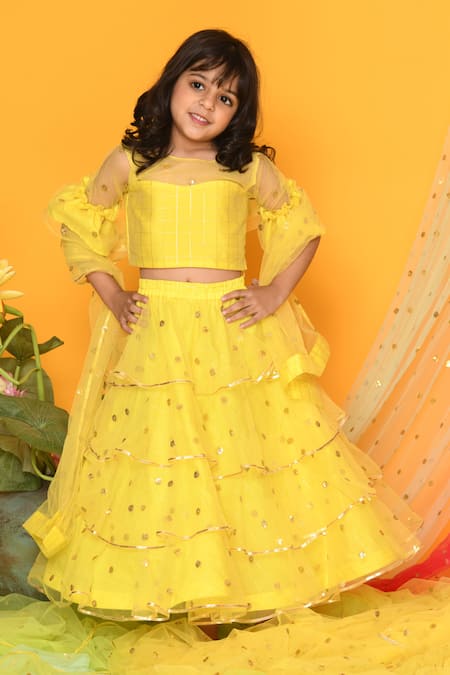 Saka Designs Yellow Sequins Net Embroidered Lehenga Set For Girls