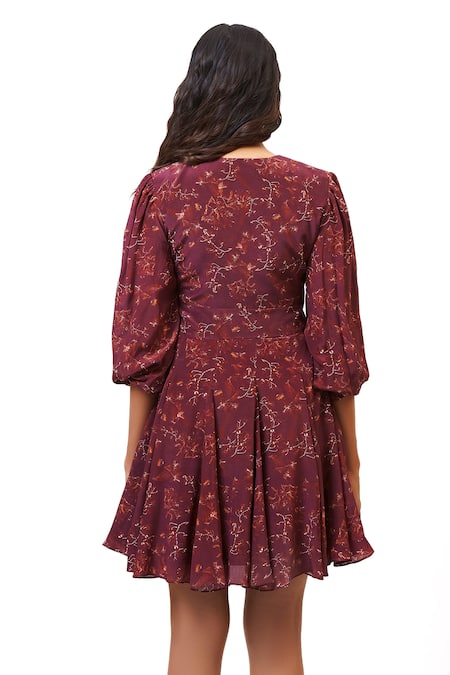 Shop Ankita Dharman Purple Georgette V Neck Floral Print Mini Dress at Aza Fashions Shop_Ankita Dharman_Purple Georgette V Neck Floral Print Mini Dress _at_Aza_Fashions