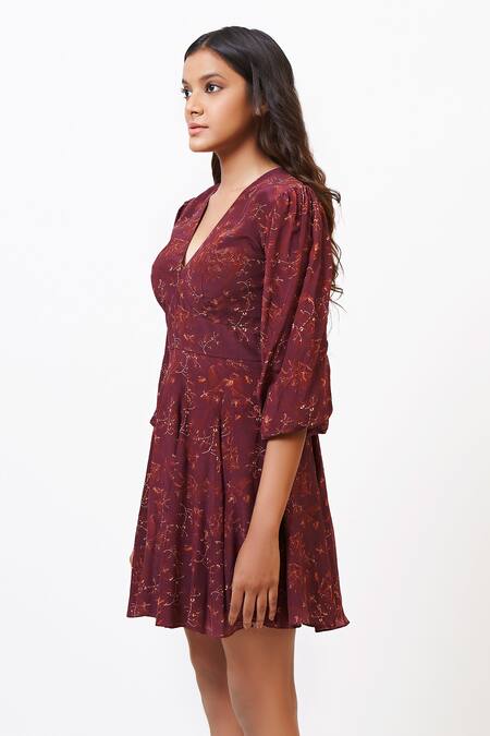 Buy Ankita Dharman Purple Georgette V Neck Floral Print Mini Dress Online at Aza Fashions Buy_Ankita Dharman_Purple Georgette V Neck Floral Print Mini Dress _Online_at_Aza_Fashions