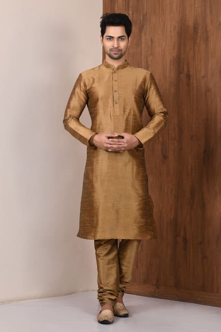Aryavir Malhotra Gold Dupion Silk Plain Full Sleeve Kurta Set
