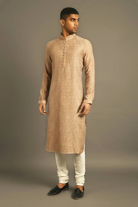 Buy Dhruv Vaish Beige Cotton Silk Chanderi Kurta Set Online at Aza Fashions Buy_Dhruv Vaish_Beige Cotton Silk Chanderi Kurta Set _Online_at_Aza_Fashions