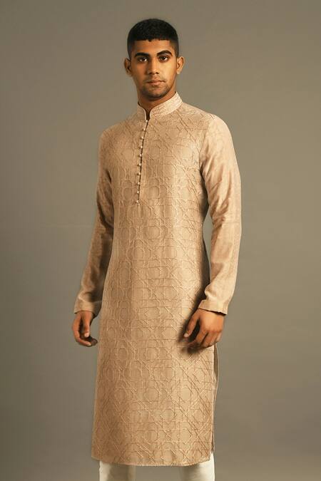 Shop Dhruv Vaish Beige Cotton Silk Chanderi Kurta Set Online at Aza Fashions Shop_Dhruv Vaish_Beige Cotton Silk Chanderi Kurta Set _Online_at_Aza_Fashions