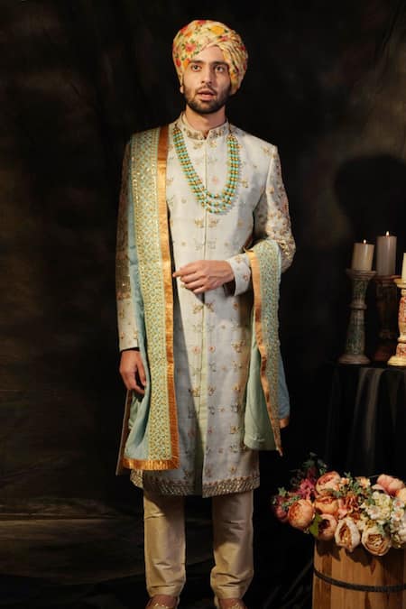 Soniya G_Blue Raw Silk Embroidered Sherwani Set_Online_at_Aza_Fashions